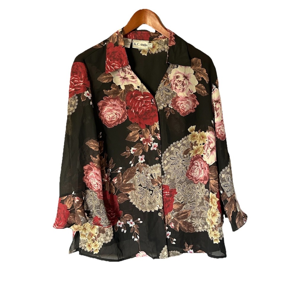 Vintage K.C Studio 90s Sheer Floral Button Down Blouse Whimsigoth Size 16 W